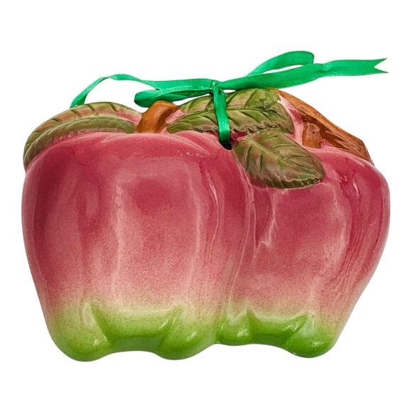 Apple Pair Wall Plaques Green Ribbon Hangers Vintage Ceramic  7in - Picture 6 of 7